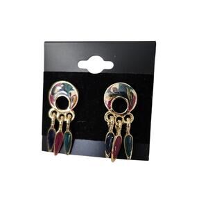 Vintage Gold Tone Swirl Dream Catcher Earrings Acrylic Maroon Dangle